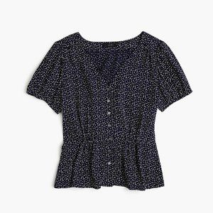 J Crew Button Up Blouse Navy Blue Peplum Star Print Short Sleeve Top